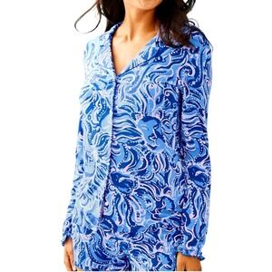 Lilly Pulitzer PJ Button Front Knit Ruffle Top Size Medium Blue Abstract Pajama